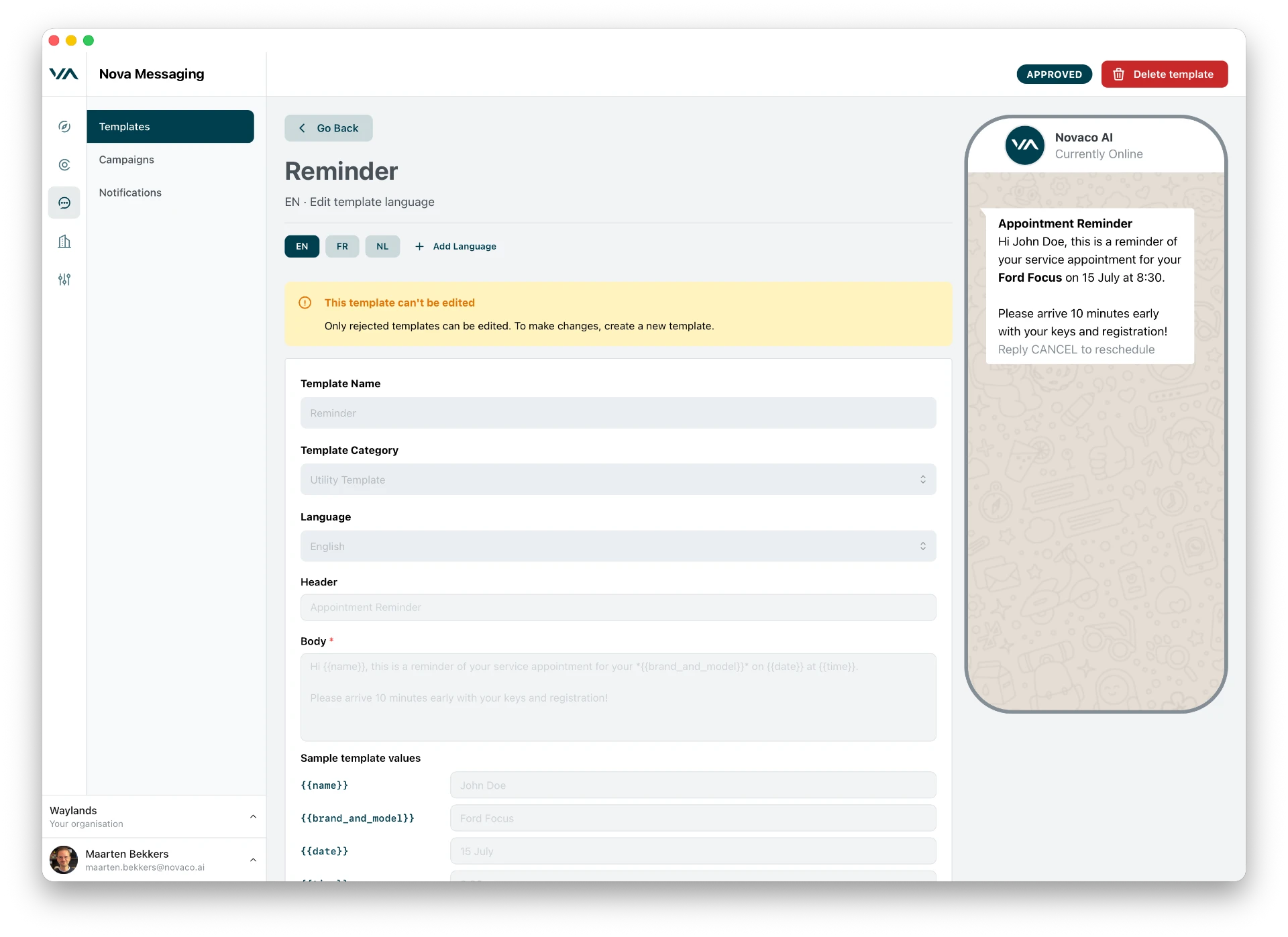 Nova Messaging template editor
