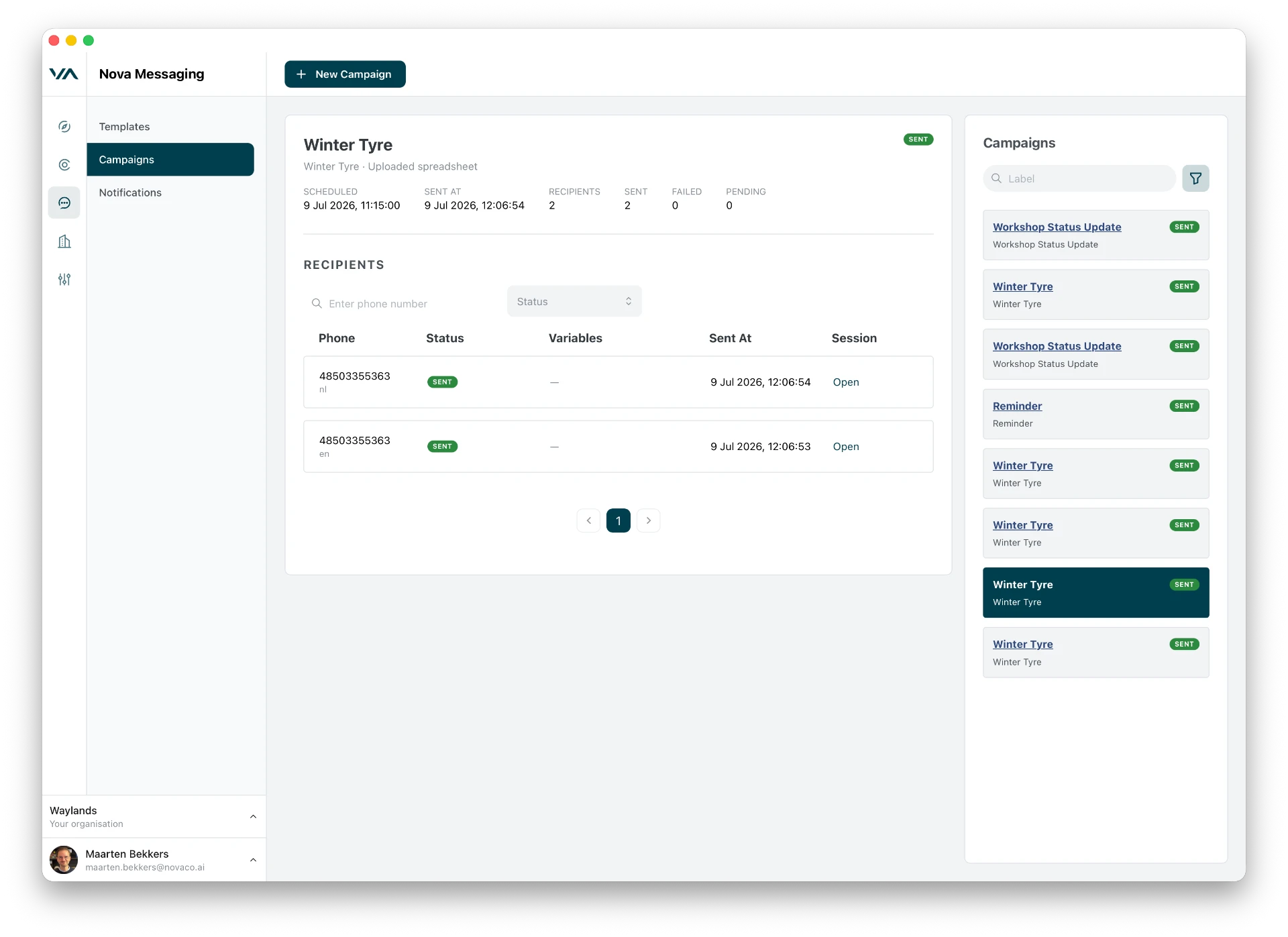 Nova Messaging campaigns overview