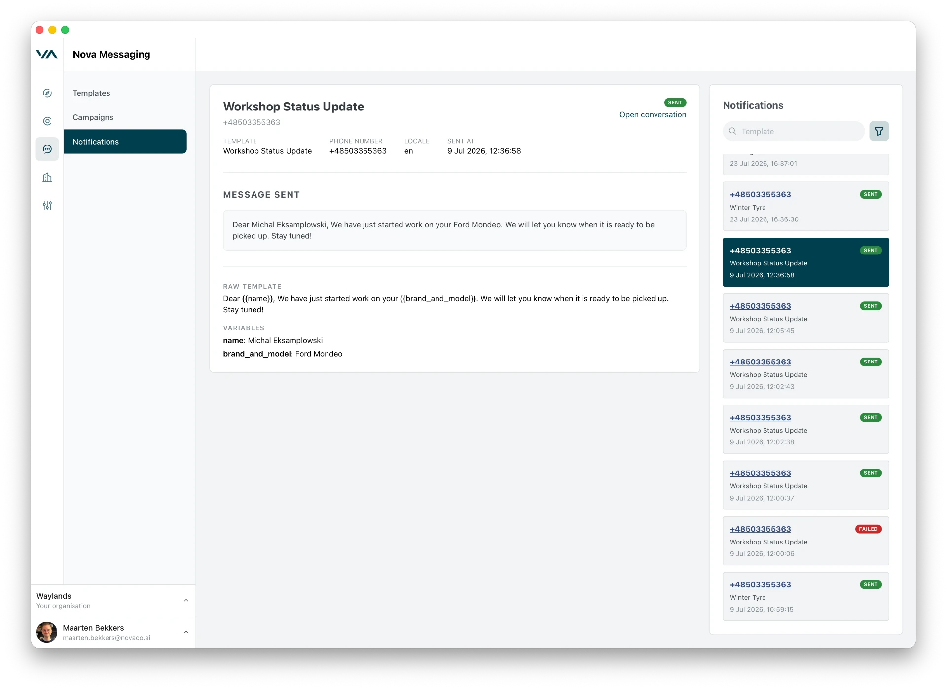Nova Messaging notifications overview